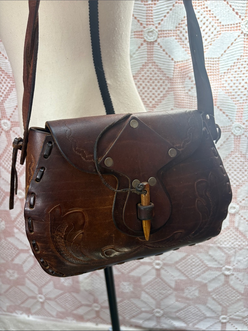 Vintage Brown Tooled Leather Shoulder Bag